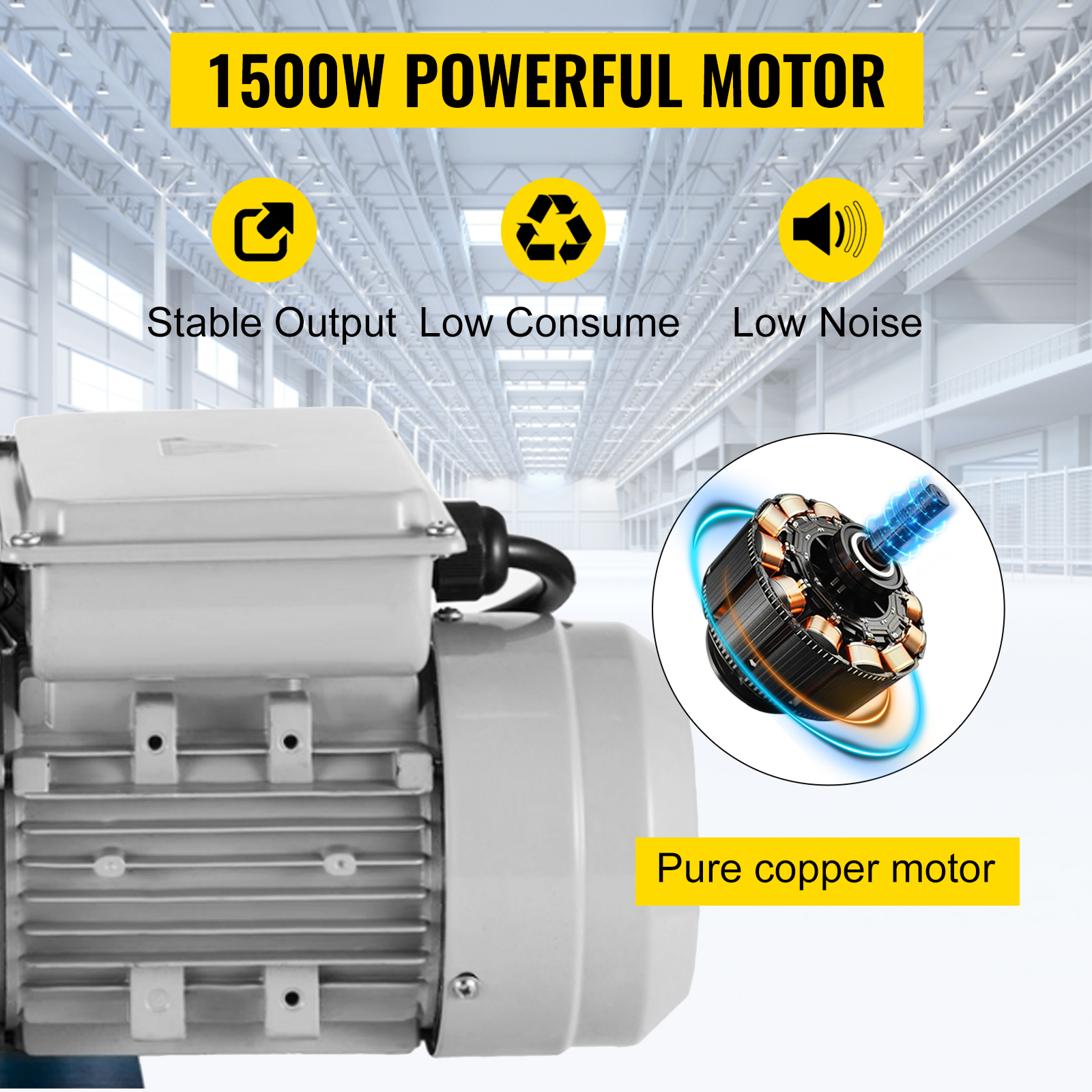 1500w motor with pure copper core, featuring stable output, low consume, and low noise.