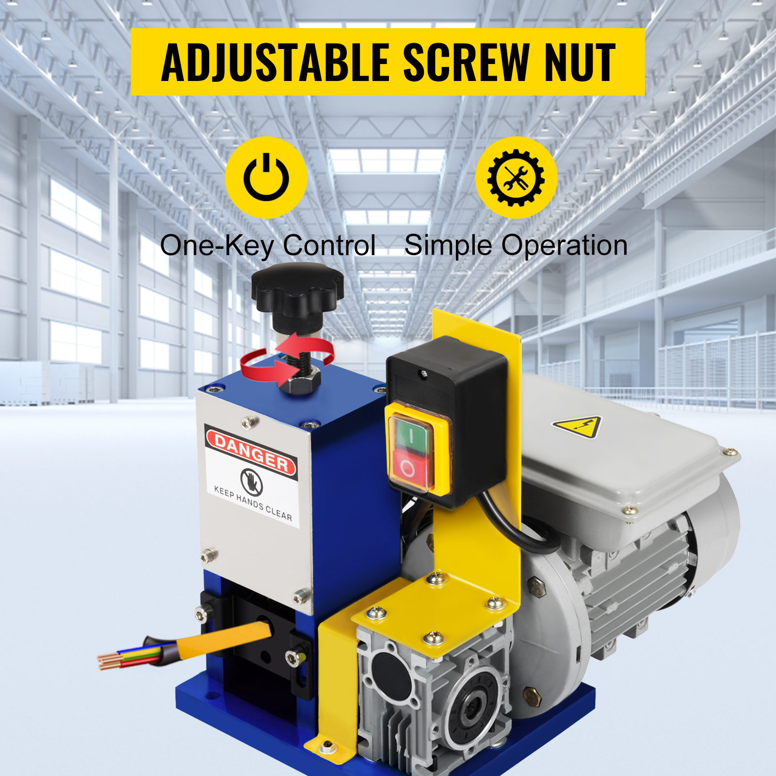 VEVOR electric wire stripping machine with adjustable screw nut and one-key control.