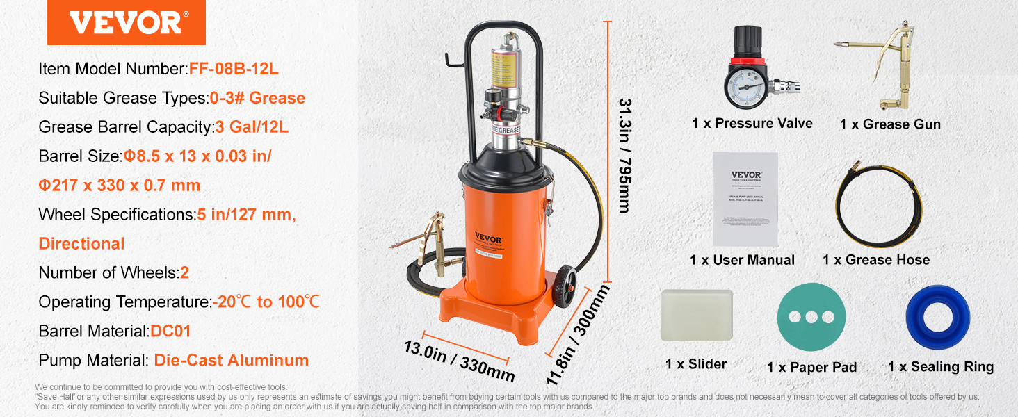 Vevor Grease Pump 3 Gallon 12l Air Operated Grease Pump With 13 Ft