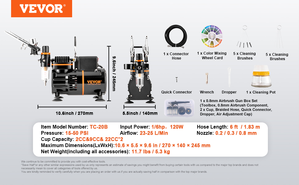 VEVOR airbrush kit with compressor, hose, color wheel, cleaning brushes, wrench, dropper, and pot.