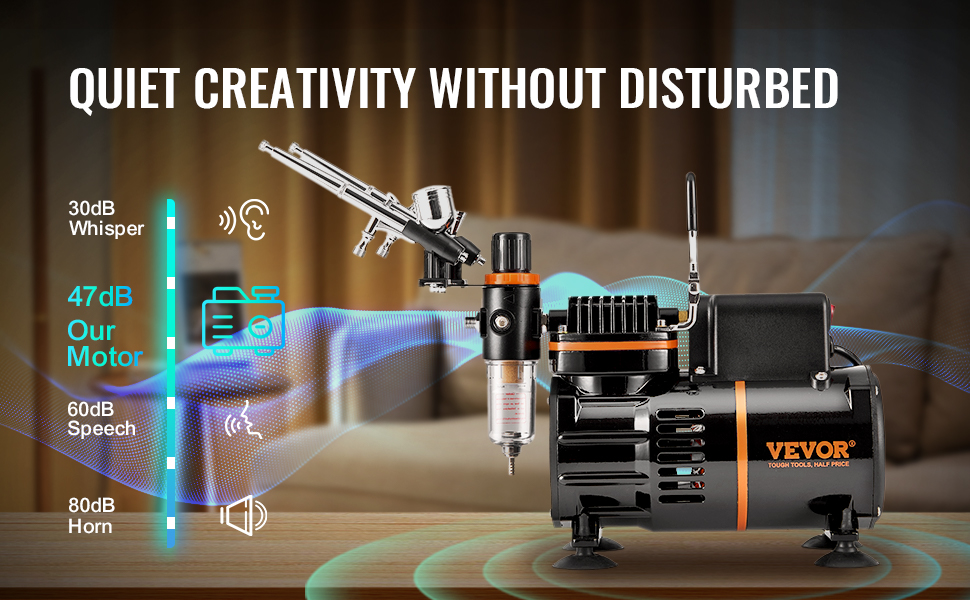 VEVOR airbrush kit featuring a quiet 47db motor, compact on a table in a cozy room.