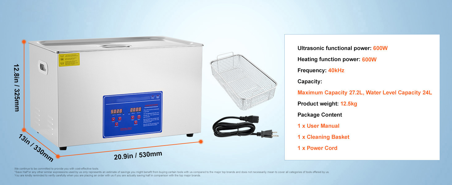 VEVOR ultrasonic cleaner 27.2l capacity, 600w power, and digital display.