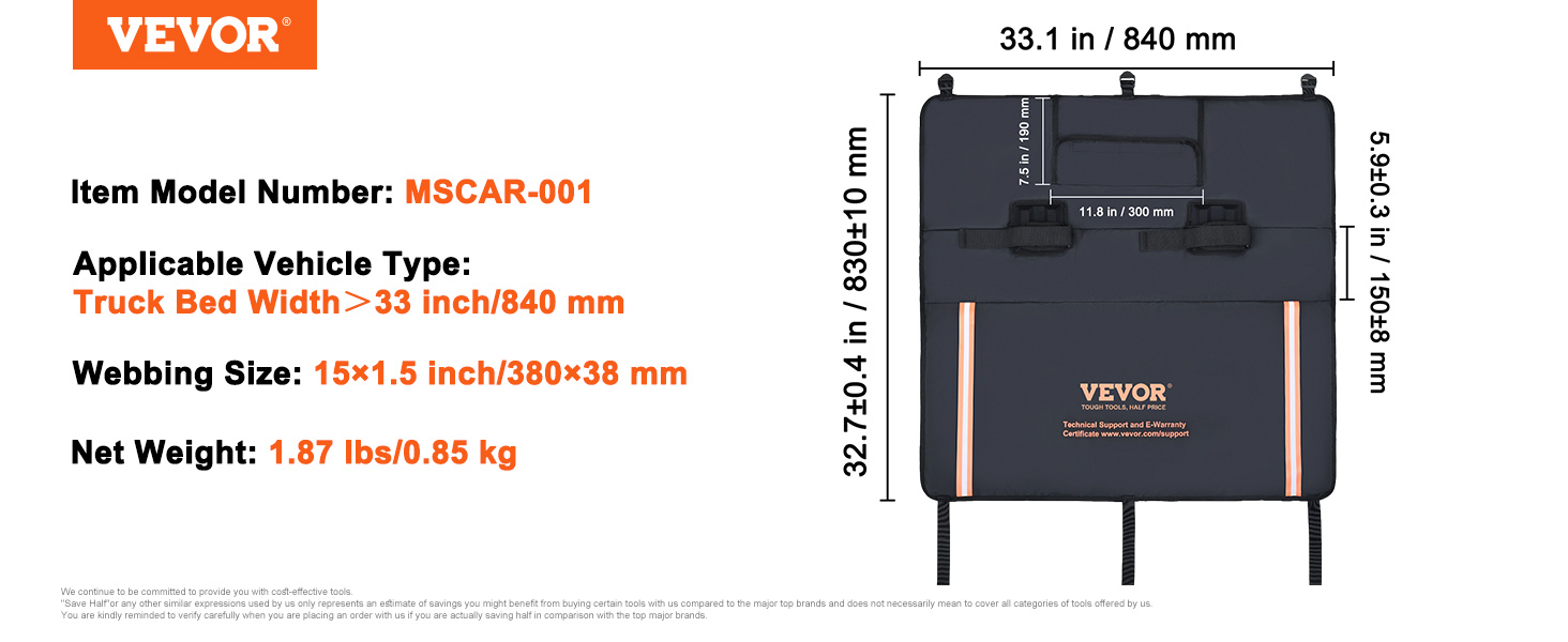 VEVOR tailgate pad mscar-001 for truck beds >33in wide, 15x1.5in webbing, 1.87lbs weight, black.