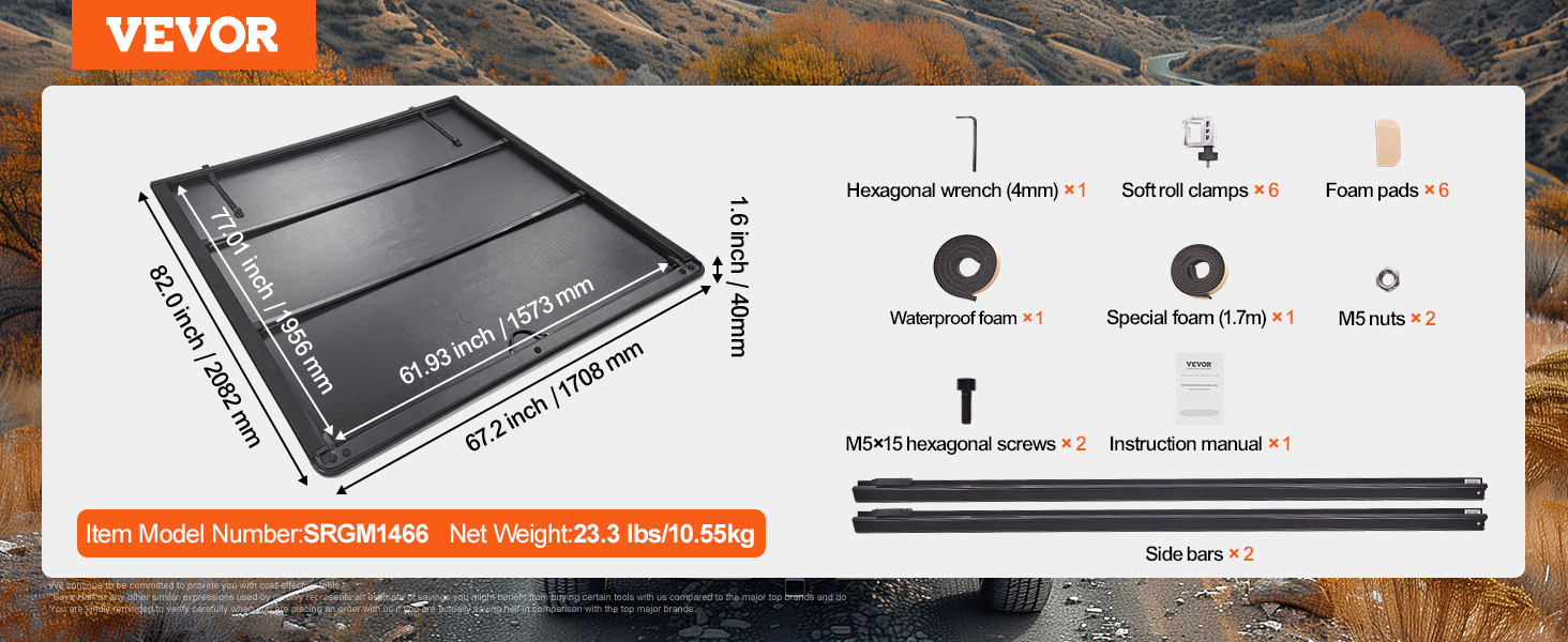 VEVOR truck bed cover with dimensions, included tools, and item components listed. item model srgm1958.