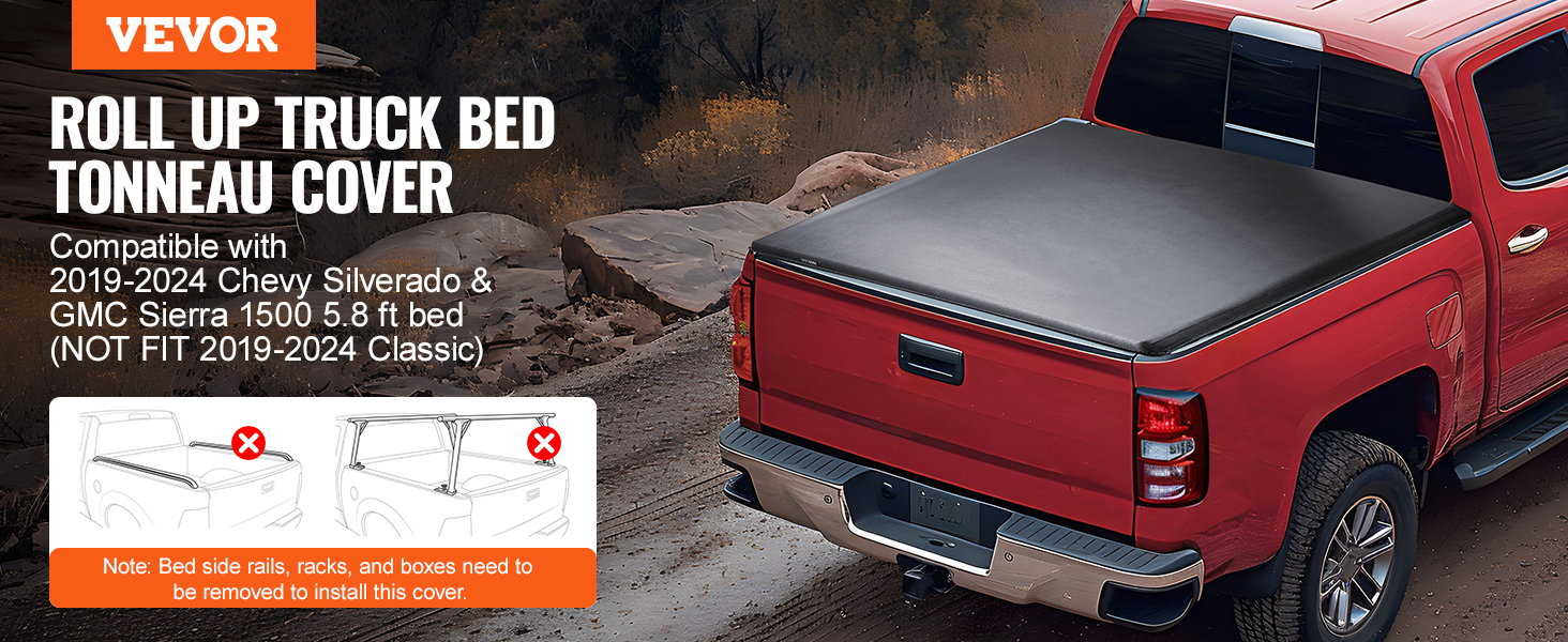 VEVOR truck bed cover for chevy silverado and gmc sierra 2019-2024, custom-fit roll-up tonneau cover.