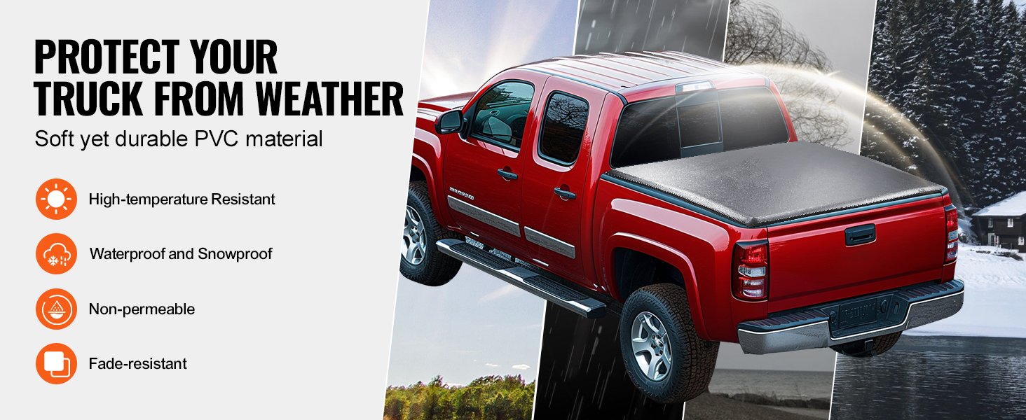 VEVOR truck bed cover protecting red truck; highlights: high-temperature resistant, waterproof, fade-resistant.