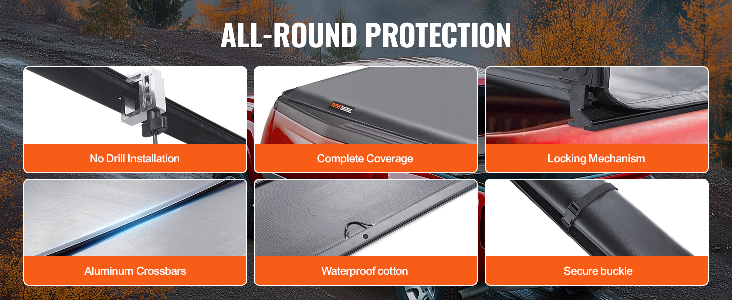 red truck with VEVOR truck bed cover, highlighting aluminum crossbars, resistant to bending and water buildup.