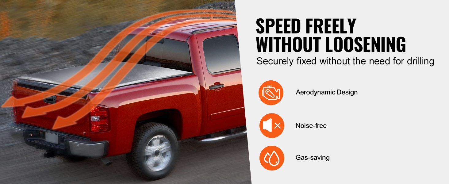 red truck with VEVOR truck bed cover, highlighting its aerodynamic design, noise-free, and gas-saving features.