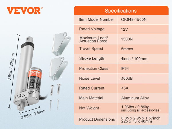 Specifiche dell'attuatore lineare VEVOR: 12 V, 1500 N, lega di alluminio, corsa da 4 pollici, rumore <60 dB.