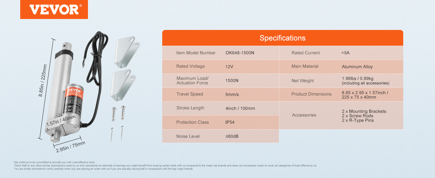 Specifiche dell'attuatore lineare VEVOR: 12 V, 1500 N, lega di alluminio, corsa da 4 pollici, rumore <60 dB.