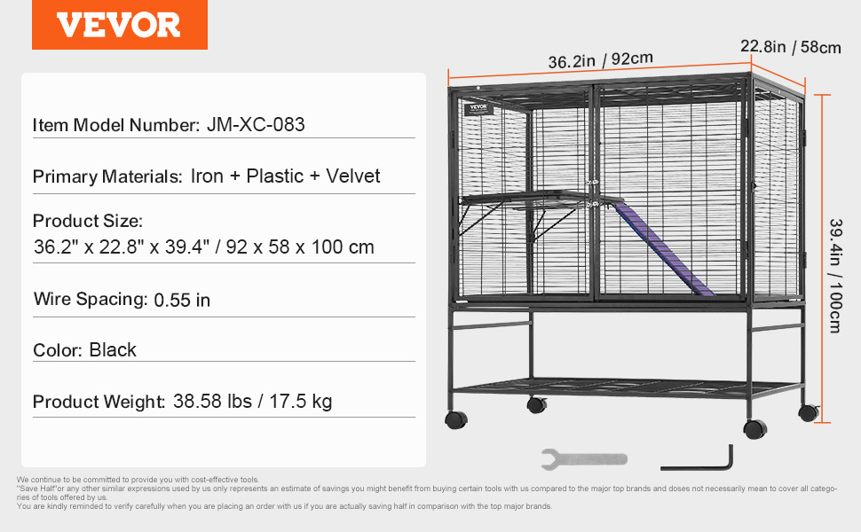 VEVOR ferret cage, black, 36.2"x22.8"x39.4", iron/plastic/velvet, 1/2" wire spacing, model jm-xc-083.