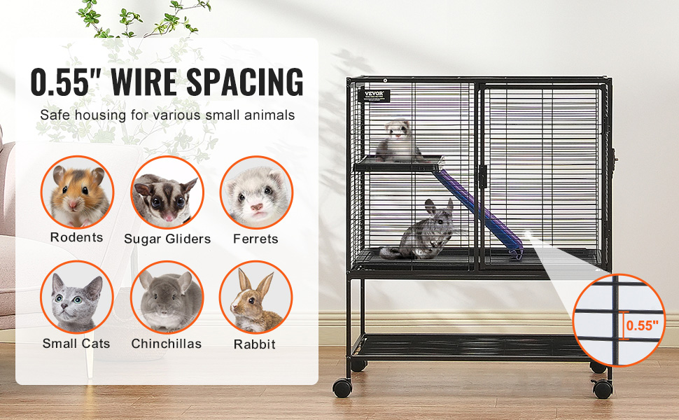 VEVOR ferret cage with 1/2" wire spacing, housing for rodents, sugar gliders, small cats, and rabbits.