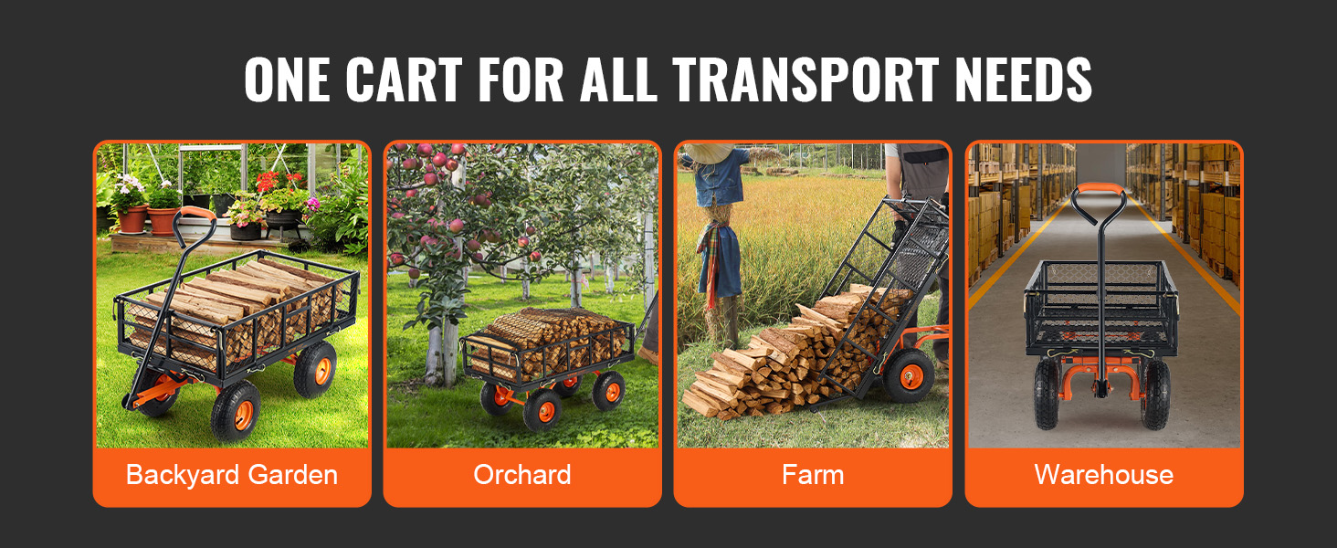 VEVOR dump cart transporting wood in backyard garden, orchard, farm, and warehouse settings.