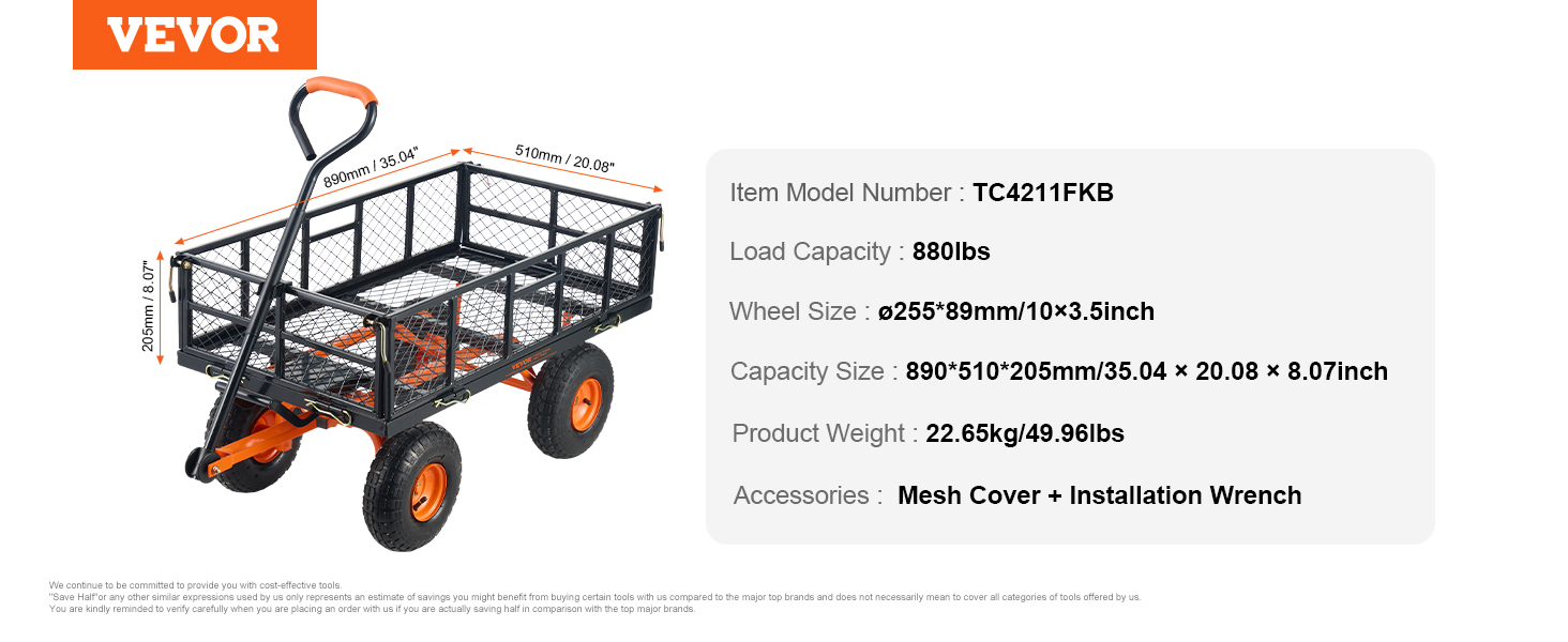 VEVOR dump cart with handle, 880lbs load capacity, mesh cover, and four orange wheels.