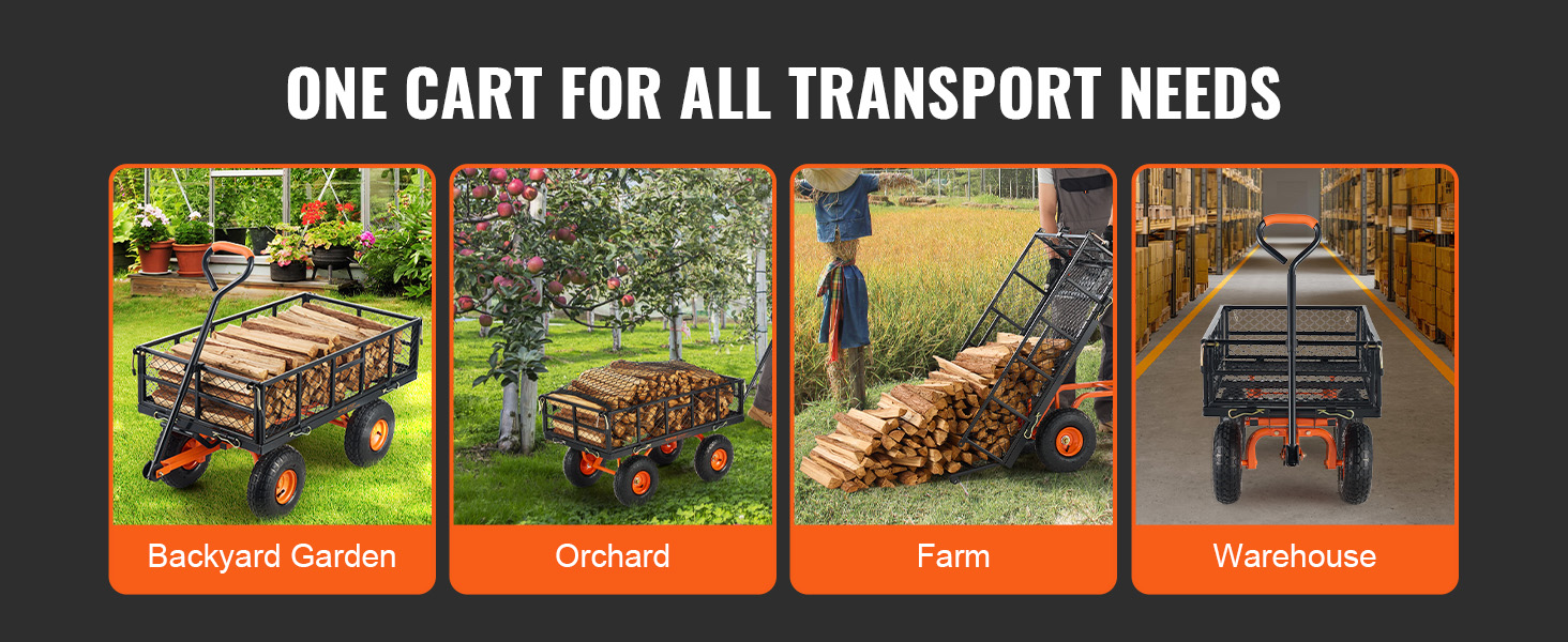 VEVOR dump cart for backyard, orchard, farm, and warehouse transport with wood logs.