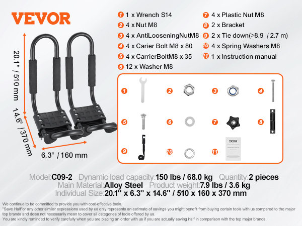 VEVOR kayak roof rack specifications: alloy steel, 150 lbs capacity, includes 11 accessories.