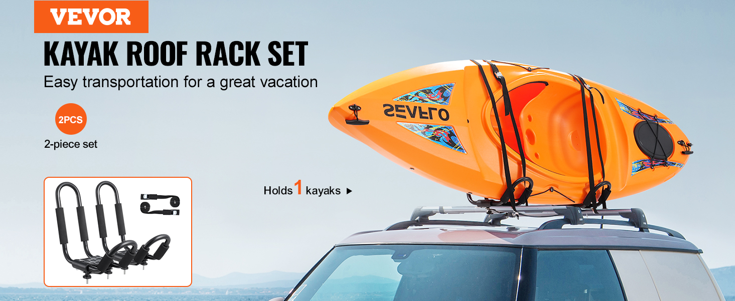 VEVOR kayak roof rack set on car roof, holding orange kayak with straps for easy vacation transport.