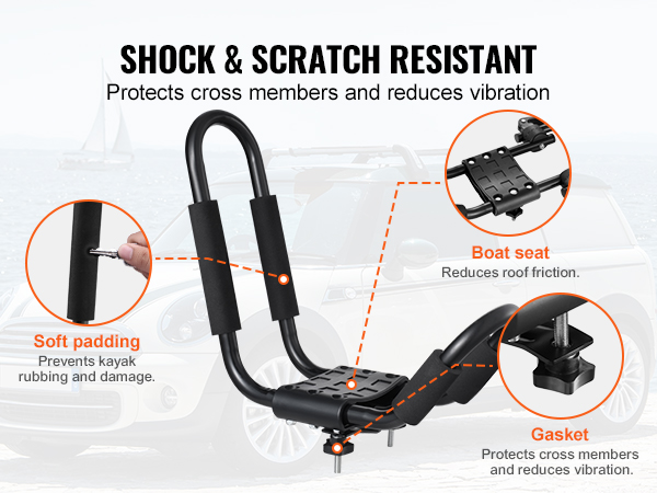 VEVOR kayak roof rack with soft padding, boat seat, and gasket for shock and scratch resistance.