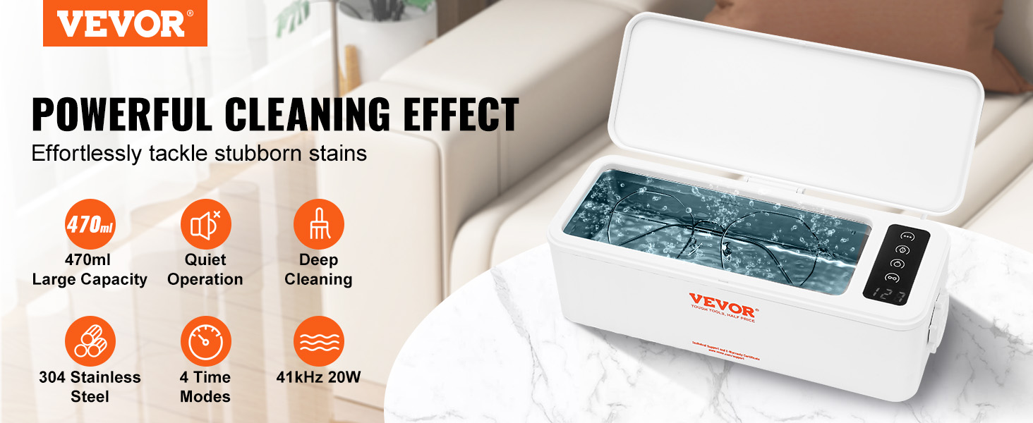 VEVOR ultrasonic jewelry cleaner with 470ml capacity, quiet operation, and 4 time modes on a table.