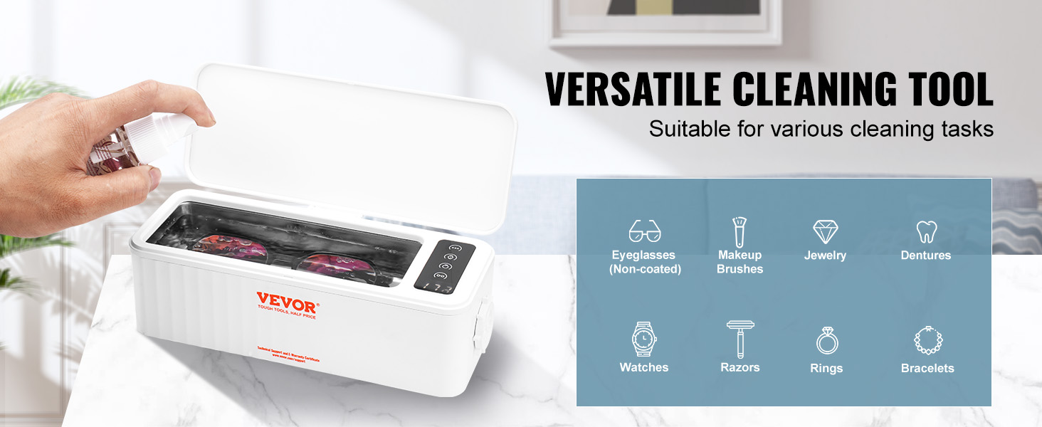 VEVOR ultrasonic jewelry cleaner with open lid, versatile cleaning options, and a user spraying liquid.