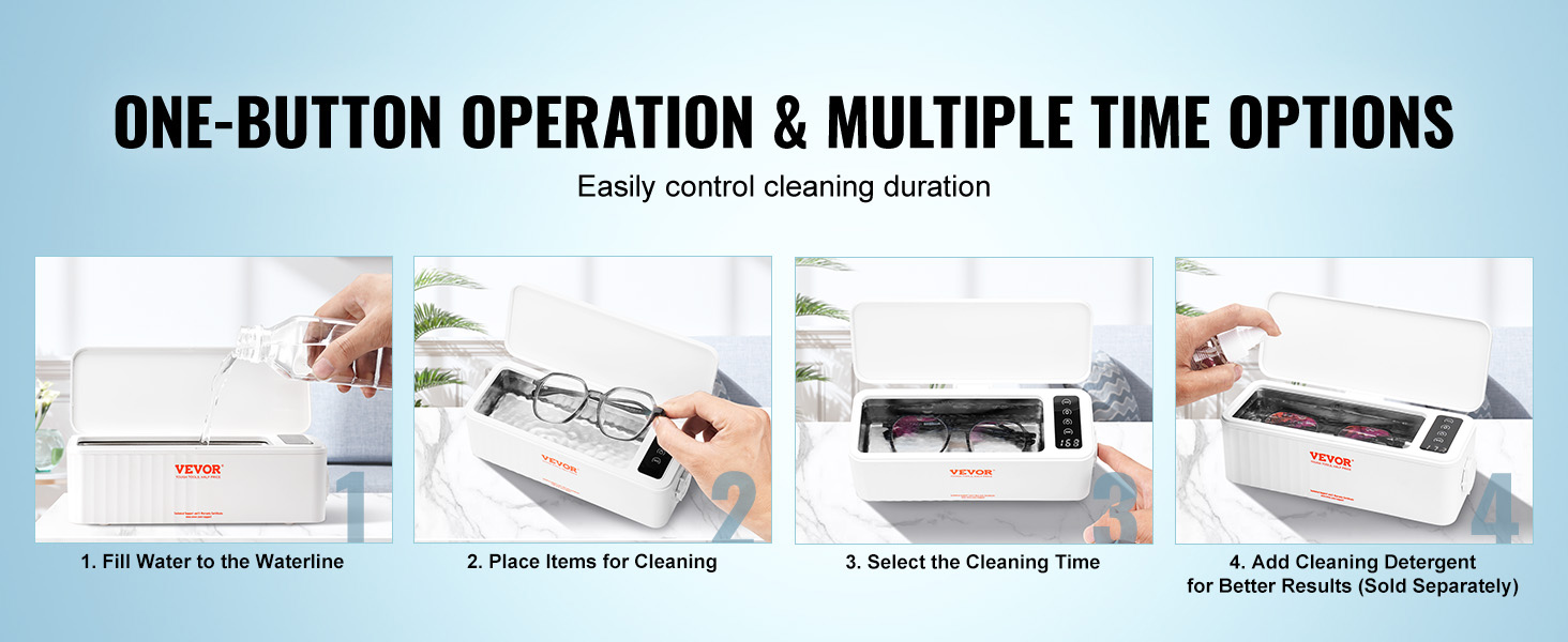 VEVOR ultrasonic jewelry cleaner with easy one-button operation and multiple time options for cleaning.