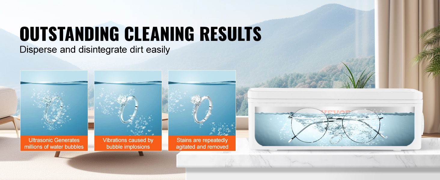 VEVOR ultrasonic jewelry cleaner effectively removes dirt using millions of water bubbles and vibrations.