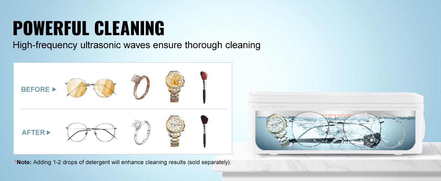 powerful VEVOR ultrasonic jewelry cleaner showcasing effective before and after cleaning results.