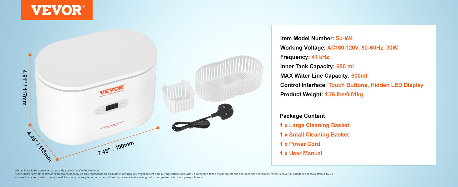 VEVOR ultrasonic jewelry cleaner sj-w4 with cleaning baskets, power cord, and user manual.