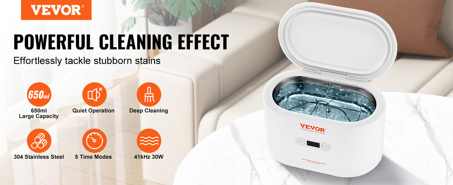 VEVOR ultrasonic jewelry cleaner with 650ml capacity, deep cleaning, quiet operation, 304 stainless steel.