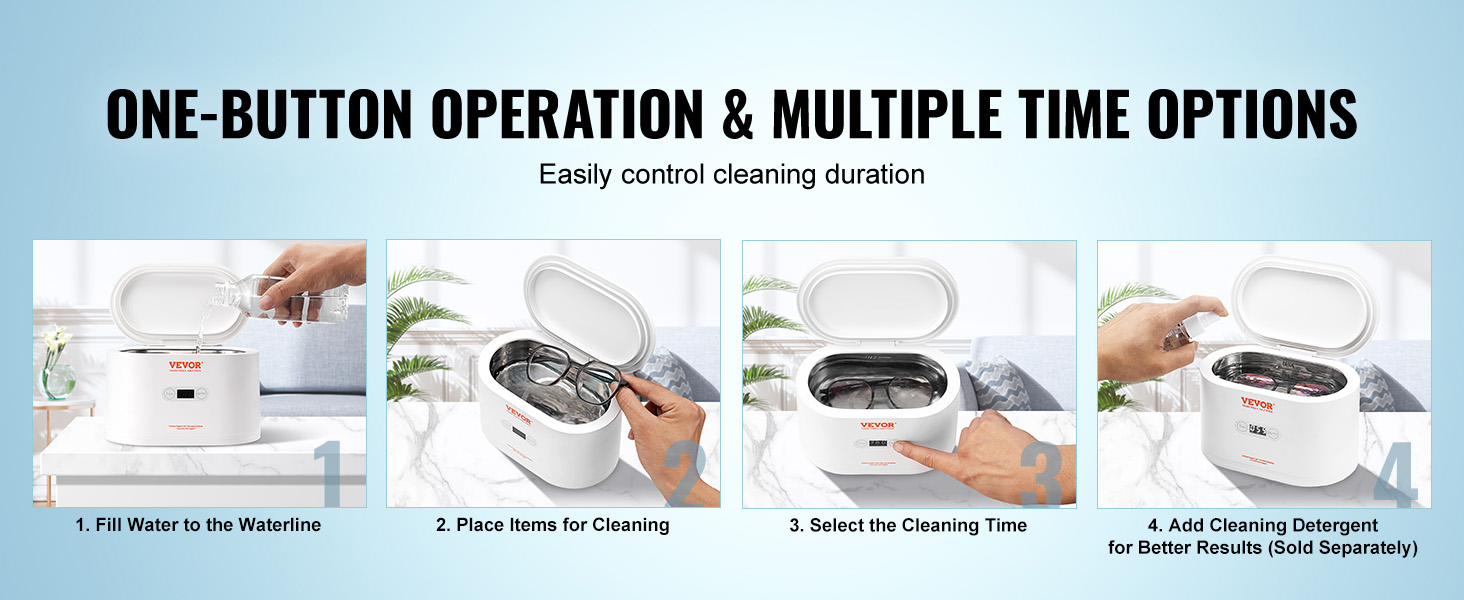 VEVOR ultrasonic jewelry cleaner: fill water, place items, select time, add detergent for better results.