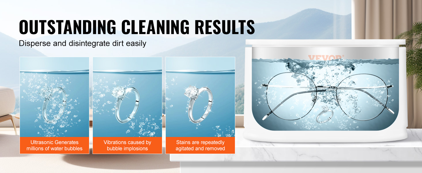 VEVOR ultrasonic jewelry cleaner disperses dirt with ultrasonic water bubbles and vibration for deep cleaning.