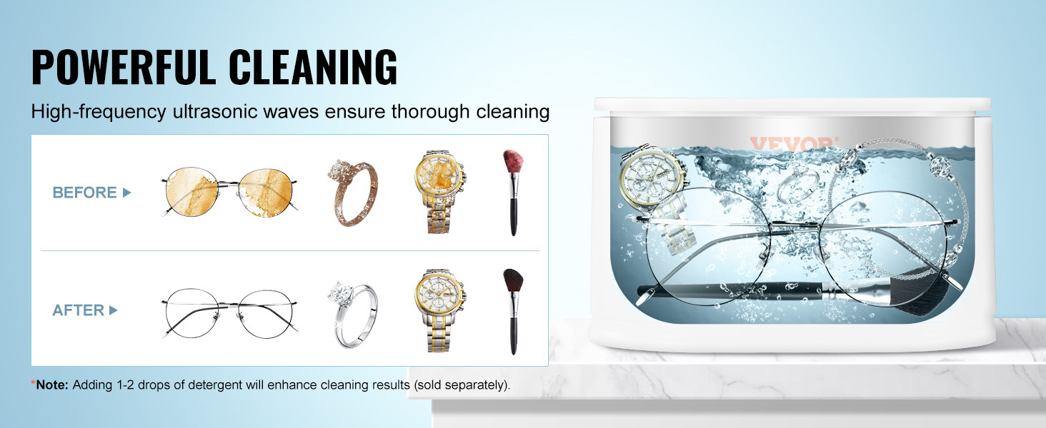 powerful cleaning of jewelry, watches, rings, glasses using VEVOR ultrasonic jewelry cleaner, before and after.
