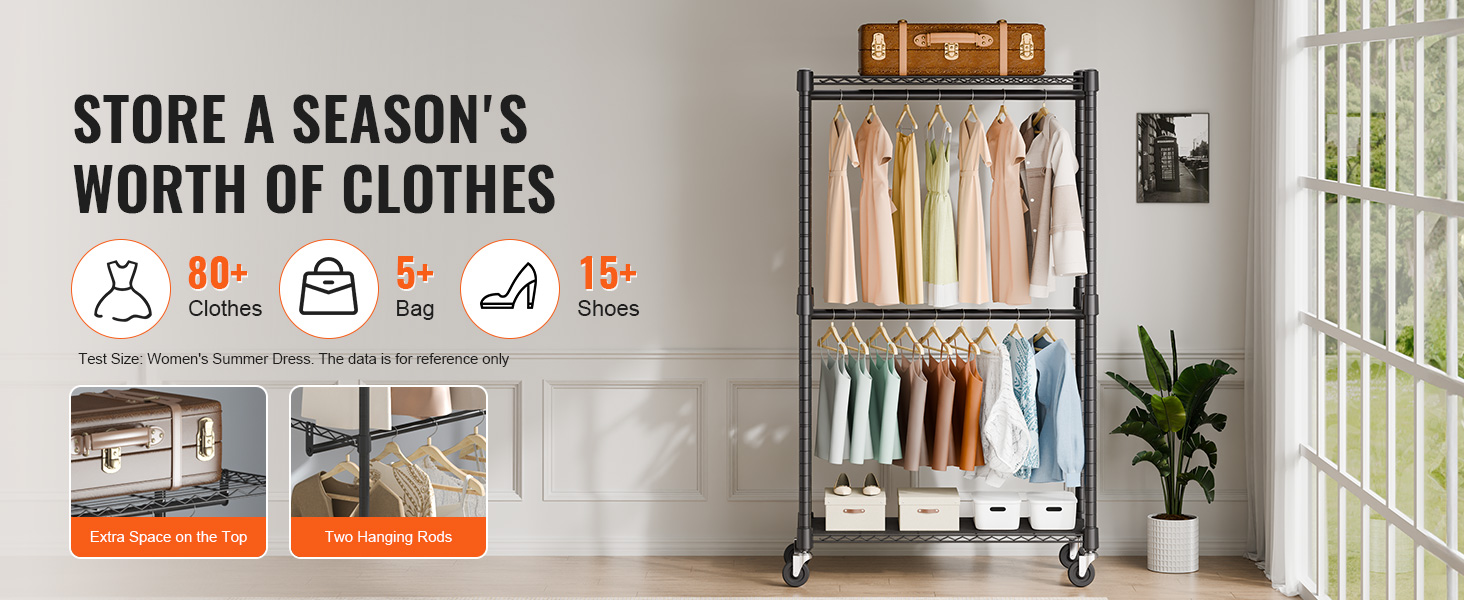 VEVOR Heavy Duty Clothes Rack, Double Hanging Rods Clothing Garment ...