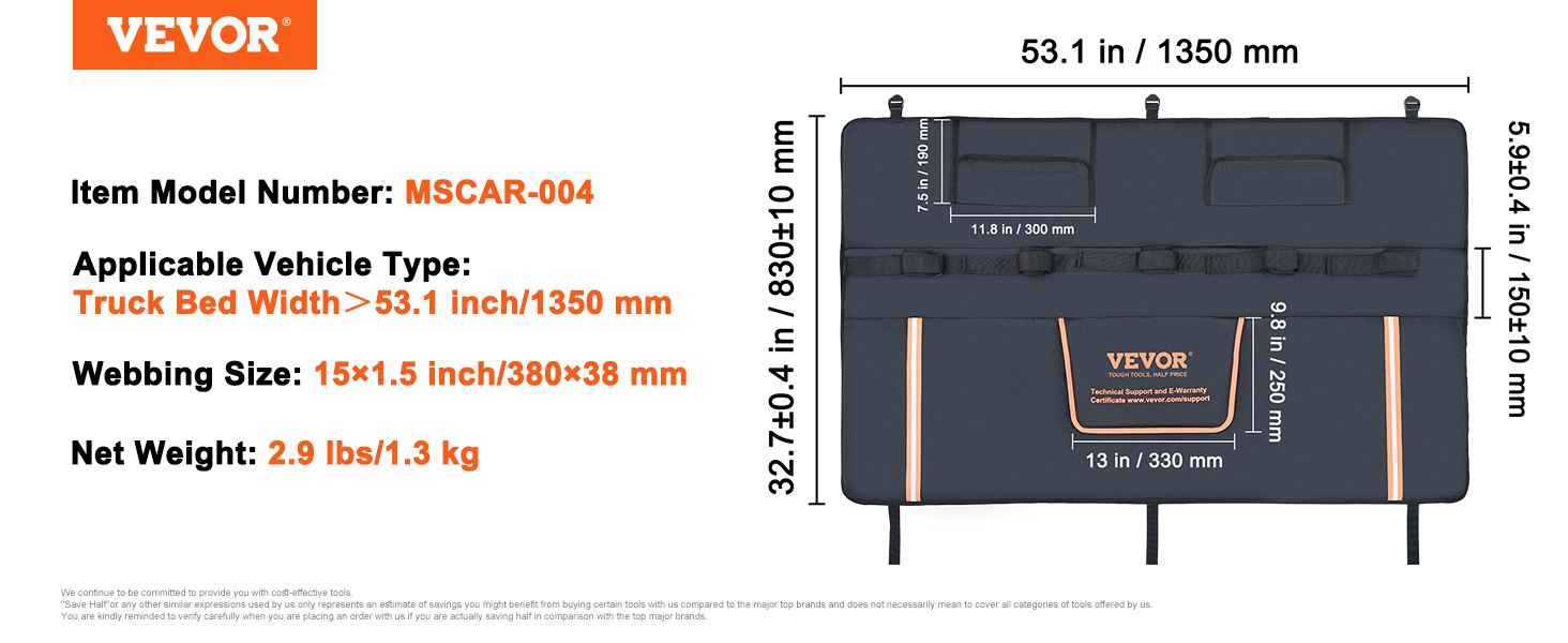 VEVOR tailgate pad specifications: fits 53.1 in truck beds, 15x1.5 in webbing size, 2.9 lbs weight.