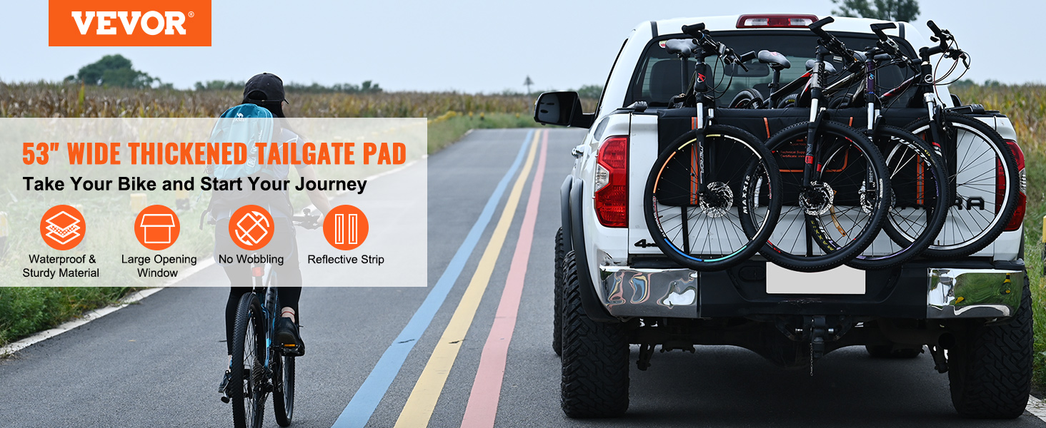 VEVOR tailgate pad on a truck carrying bicycles, promoting 53" thickened pad with waterproof material.
