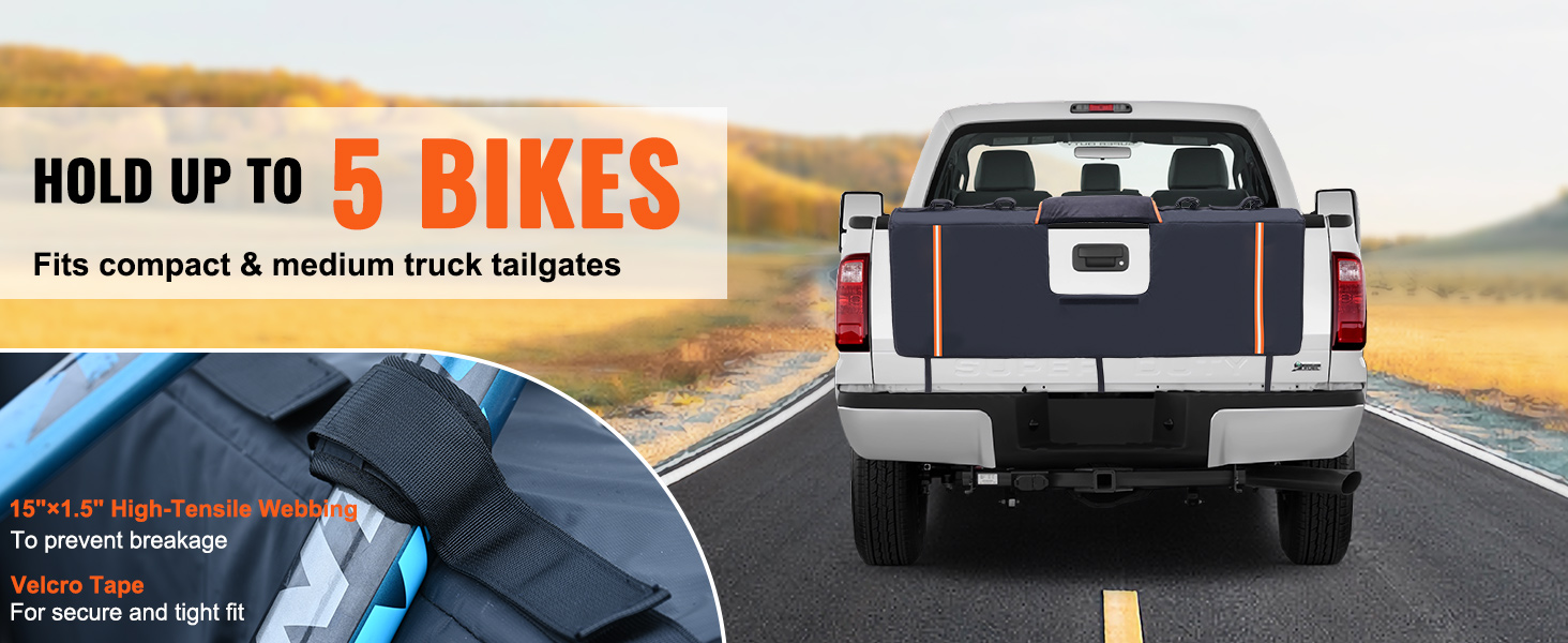 VEVOR tailgate pad fits compact and medium truck tailgates, holds up to 5 bikes securely with velcro straps.