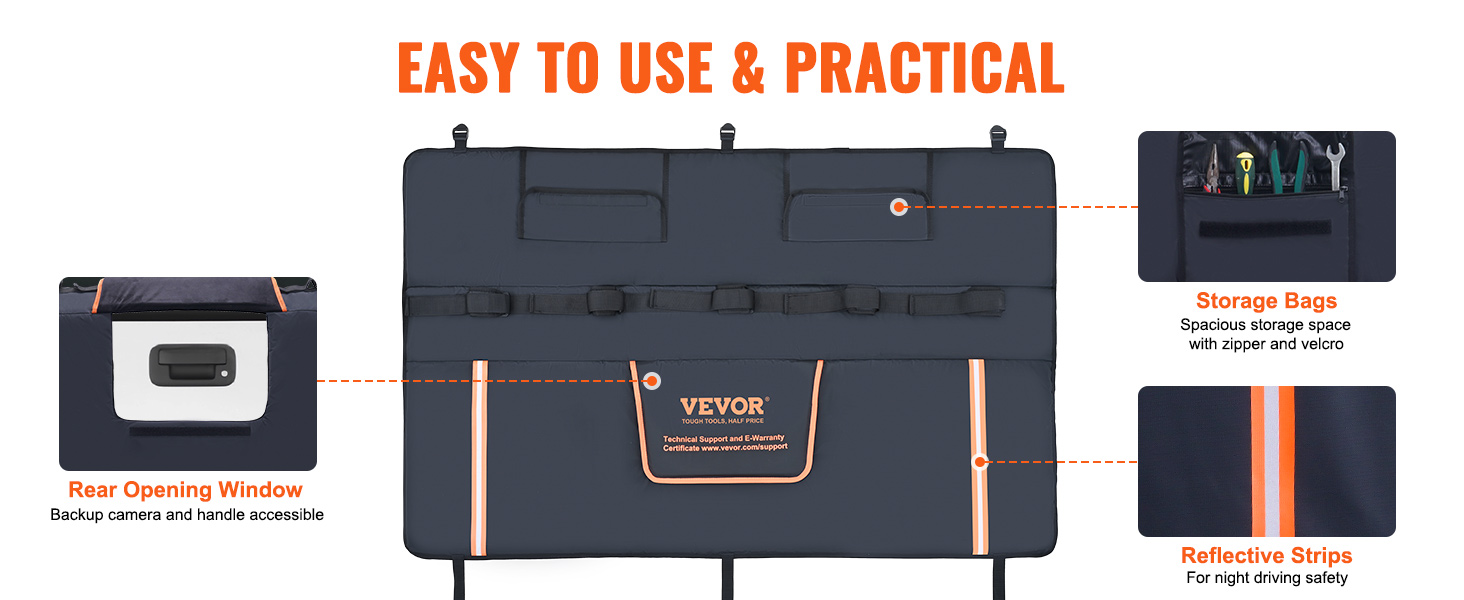 VEVOR tailgate pad with storage bags, reflective strips, and rear opening window for easy access.