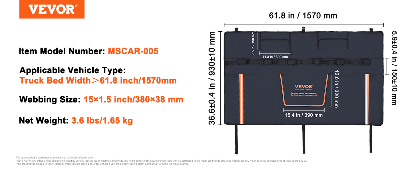 VEVOR tailgate pad mscar-005 for truck beds >61.8 inches, 15x1.5 inch webbing, 3.6 lbs.