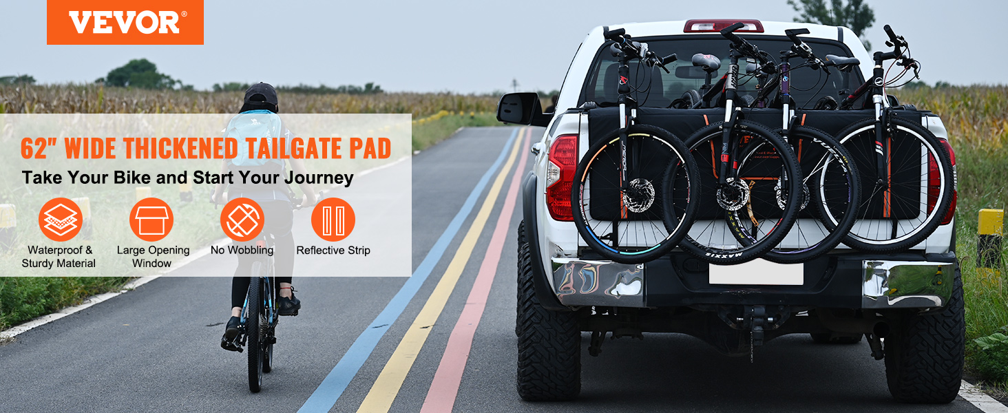 VEVOR tailgate pad securing bicycles on a pickup truck, cyclist riding along a rural road.