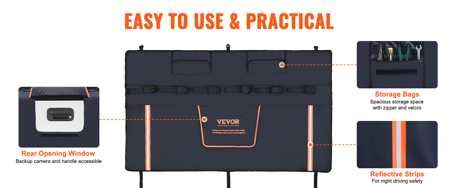 VEVOR tailgate pad with rear opening window, storage bags with tools, and reflective strips.