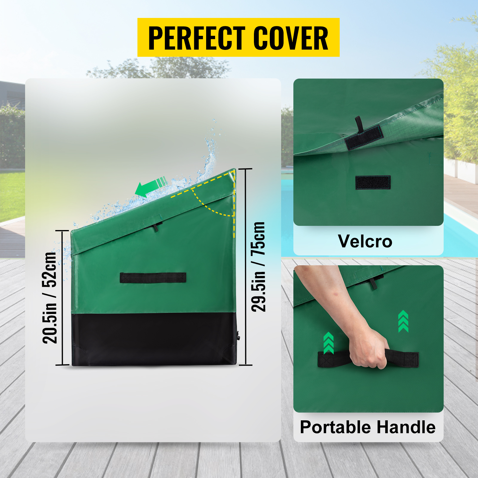 Copertura protettiva per patio VEVOR con velcro, maniglia portatile e dimensioni 20,5 x 29,5 pollici.