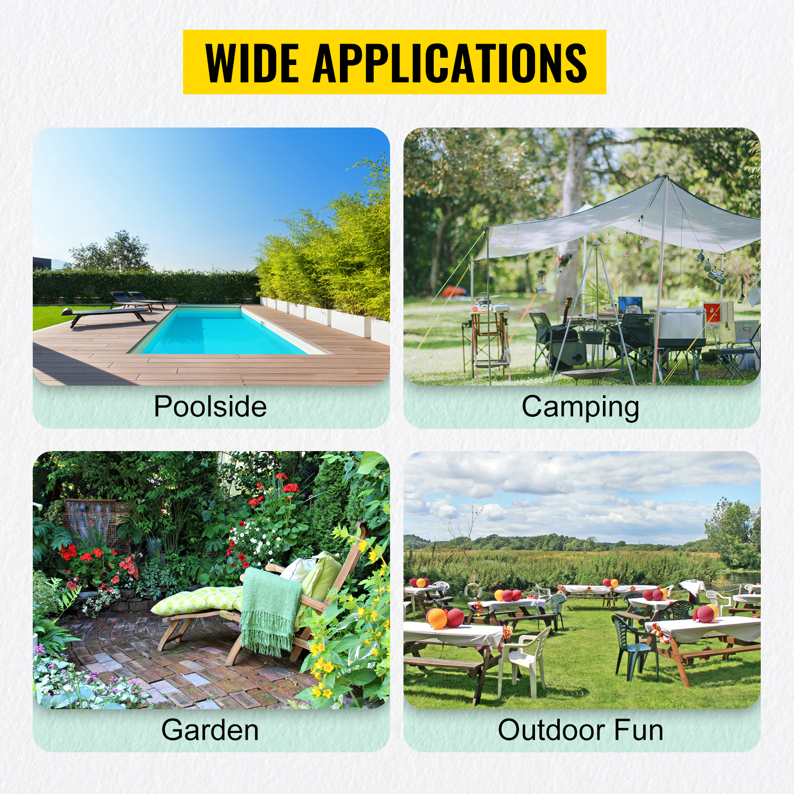 Ampie possibilità di impiego della scatola da patio VEVOR: bordo piscina, campeggio, giardino e divertimento all'aria aperta.