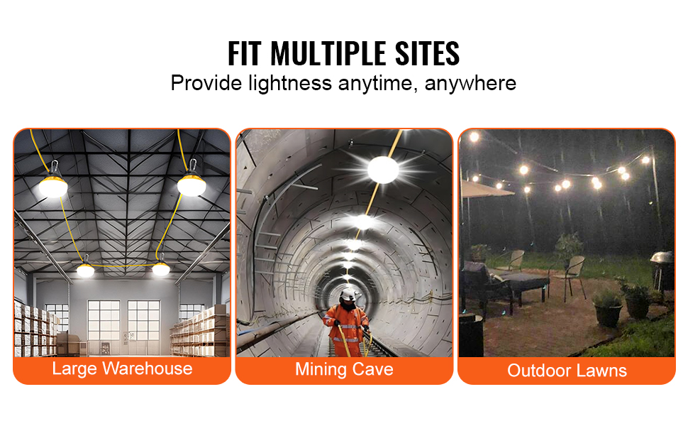 Work String Lighting VEVOR 50FT Construction String Work Lights 50W 5000LM Connectable ...