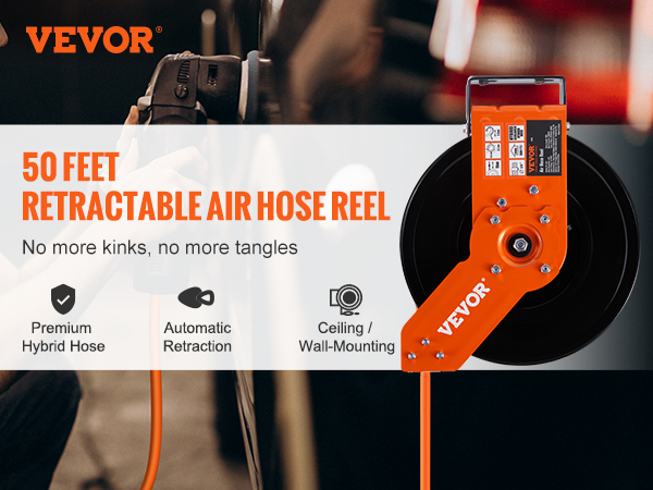 VEVOR Retractable Air Hose Reel, 3/8 IN x 50 FT Hybrid Air Hose Max 300PSI, Air Compressor Hose Reel with 5 ft Lead in, Ceiling / Wall Mount Heavy Duty Double Arm Steel Reel