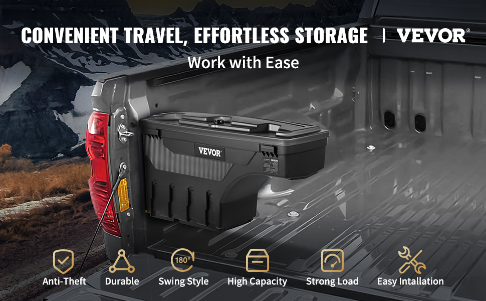 VEVOR truck bed storage box installed in a truck bed, showcasing durability and easy access.