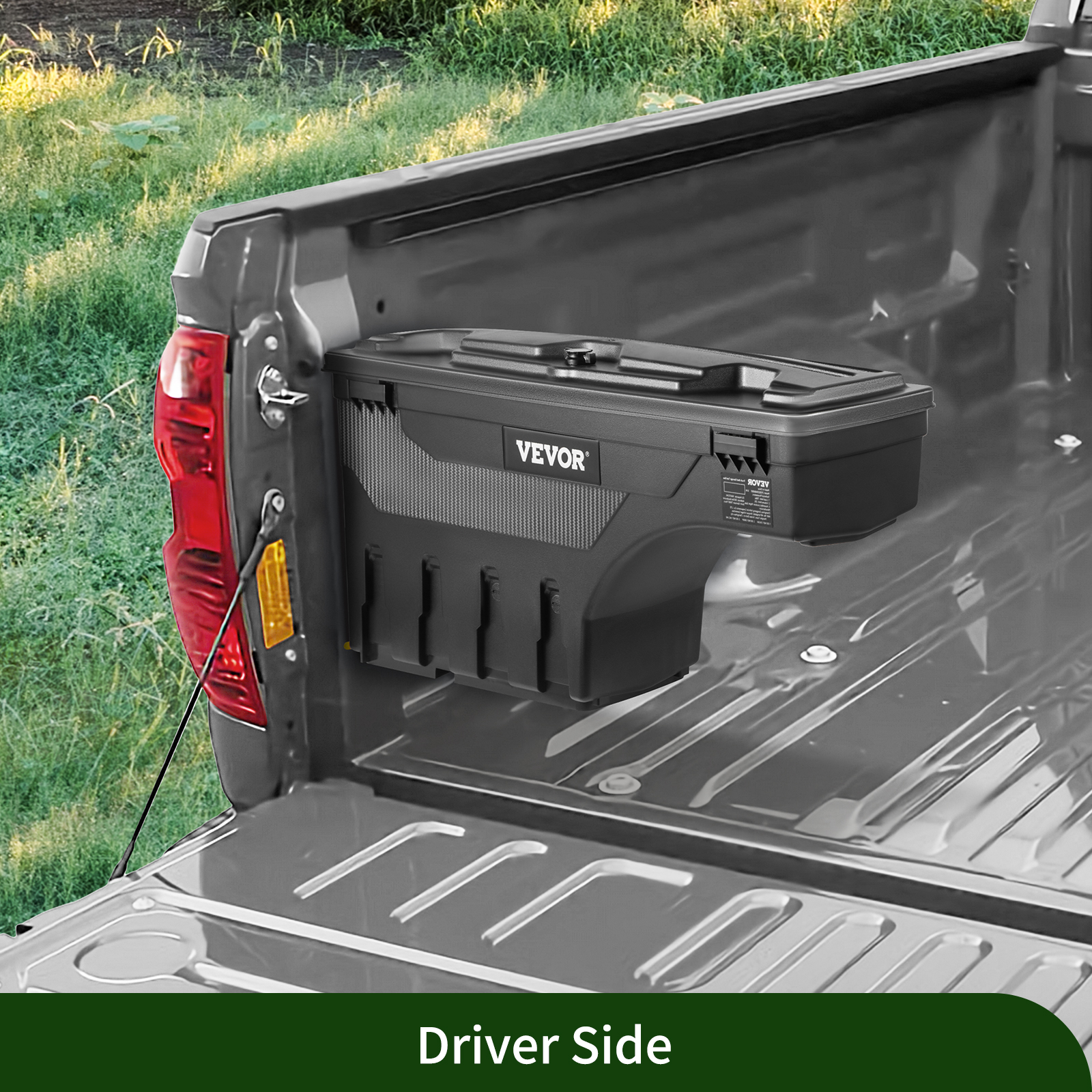 VEVOR truck bed storage box installed on the driver side, in an open truck bed.