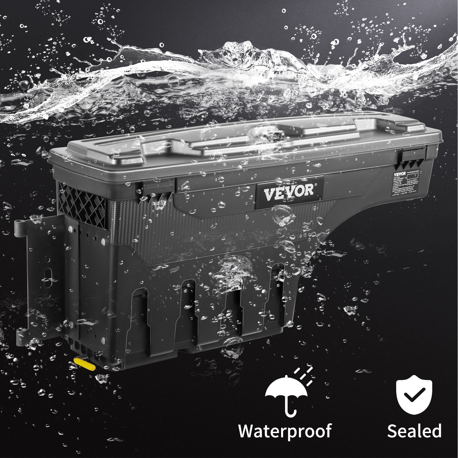 VEVOR truck bed storage box waterproof design with water droplets against a dark background.