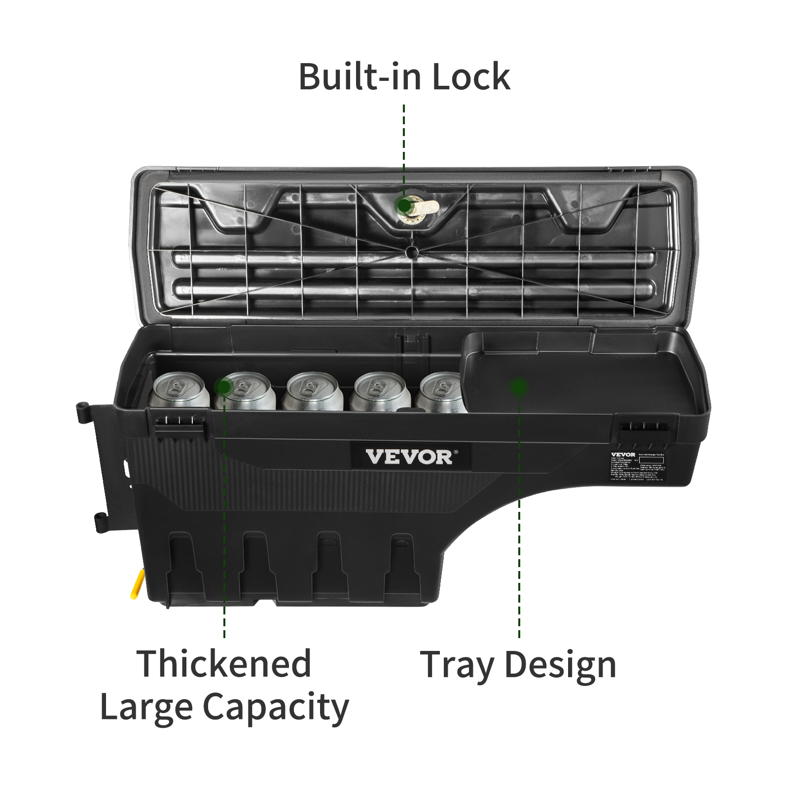 VEVOR truck bed storage box with built-in lock, large capacity, and tray design holding cans.