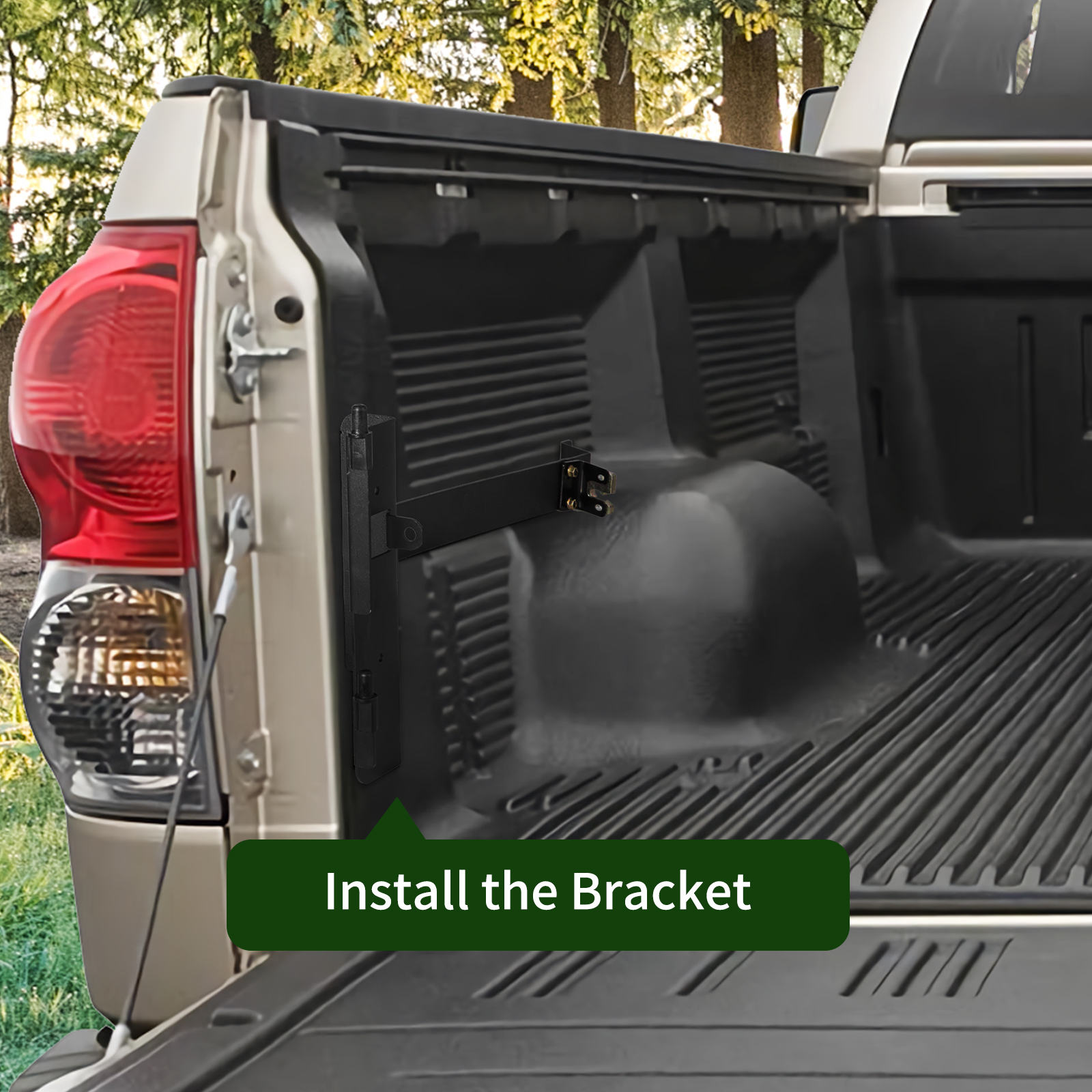 VEVOR truck bed storage box bracket installation in the bed of a beige pickup truck.