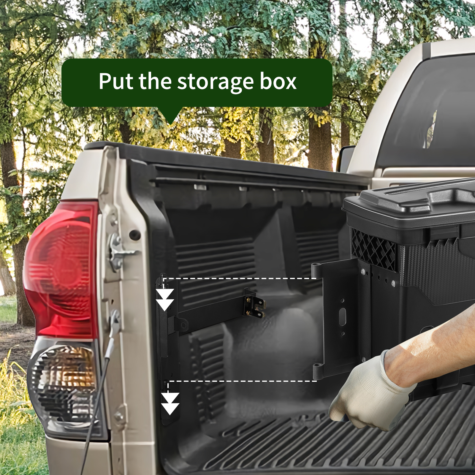 VEVOR truck bed storage box being placed in an open truck bed with a wooded background.